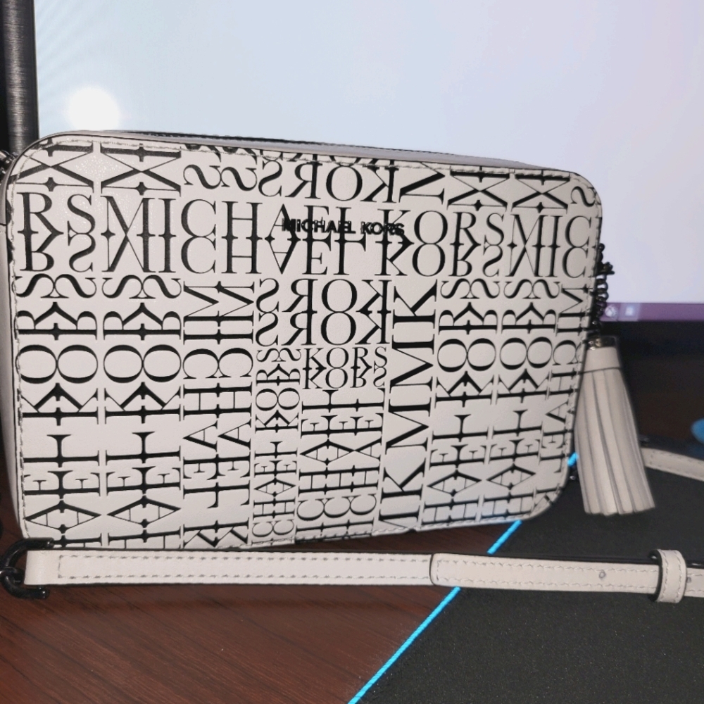 Michael Kors white News print crossbows bag